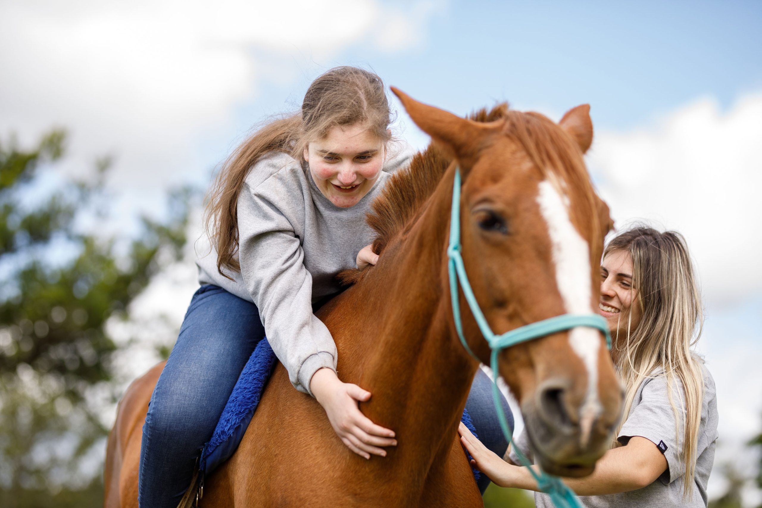 Girl learning how to caress a horse's neck while sitting on it's back during equine assisted therapy stock photo