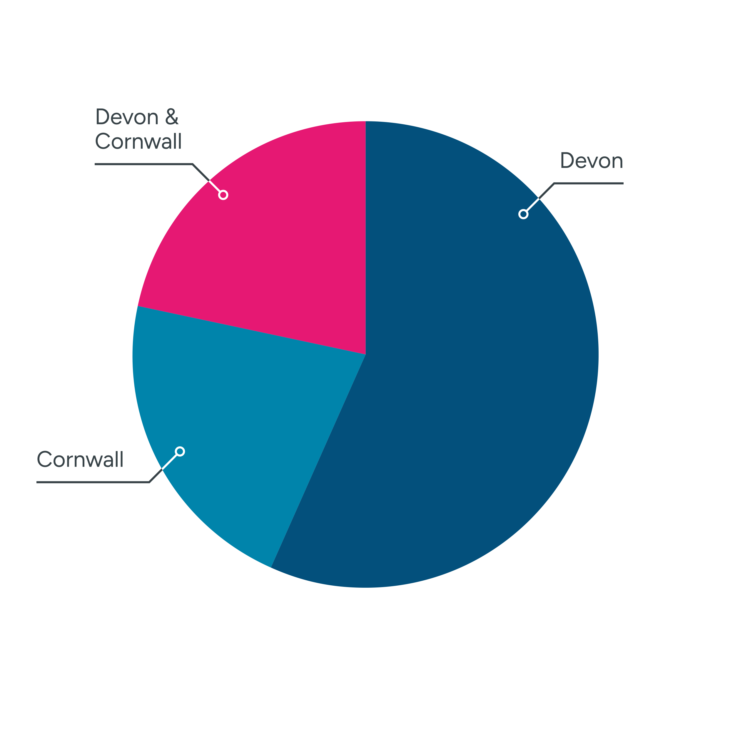 Pie chart illustrating the funding split between areas with 34 in Devon totalling £336,849 and 13 in Cornwall totalling £123,540